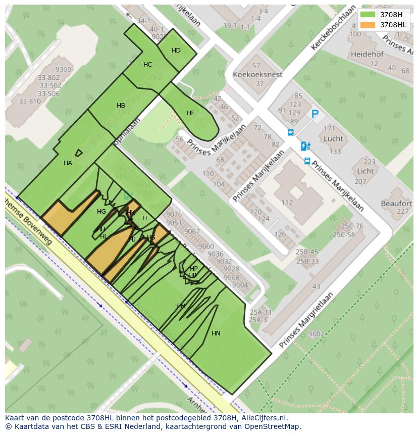Afbeelding van het postcodegebied 3708 HL op de kaart.