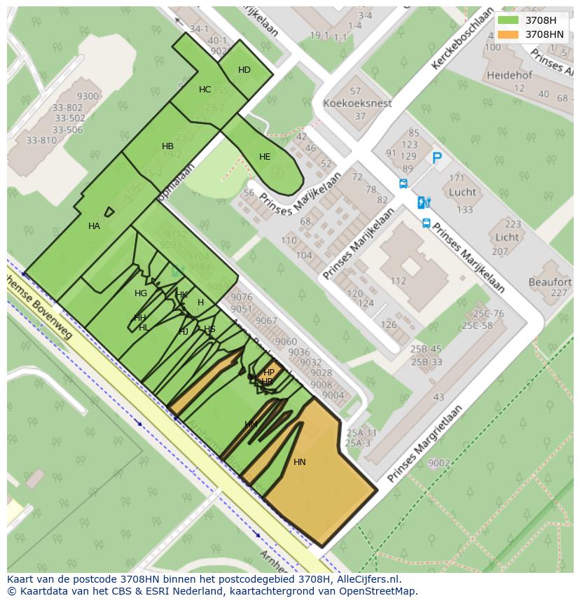 Afbeelding van het postcodegebied 3708 HN op de kaart.