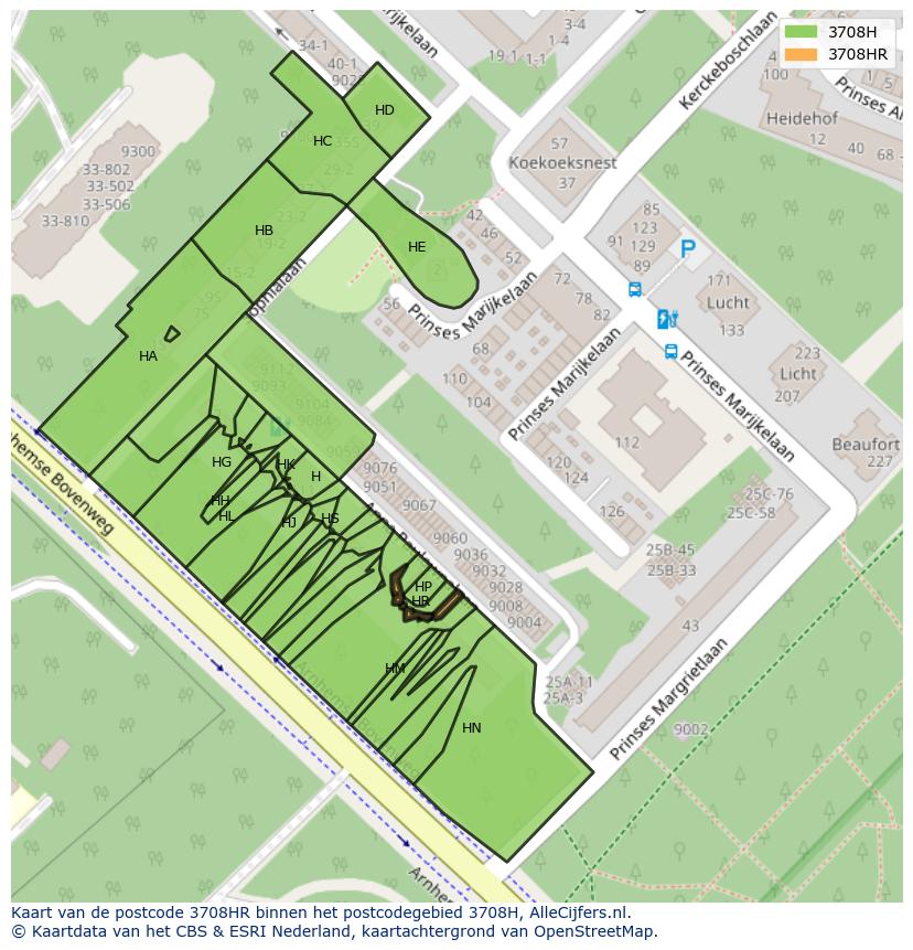 Afbeelding van het postcodegebied 3708 HR op de kaart.