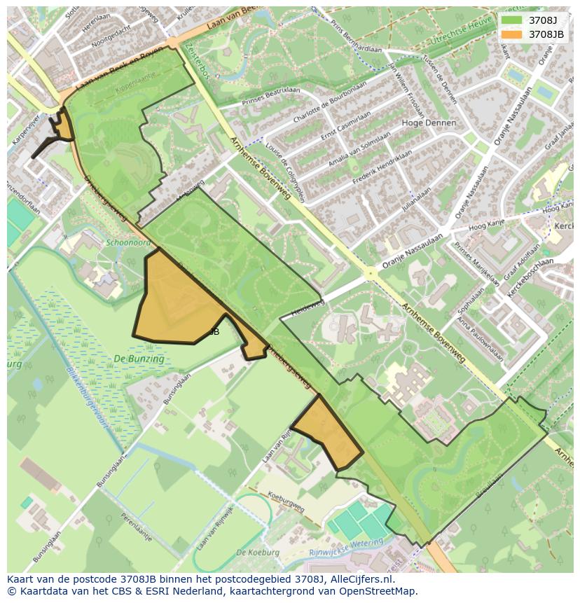 Afbeelding van het postcodegebied 3708 JB op de kaart.