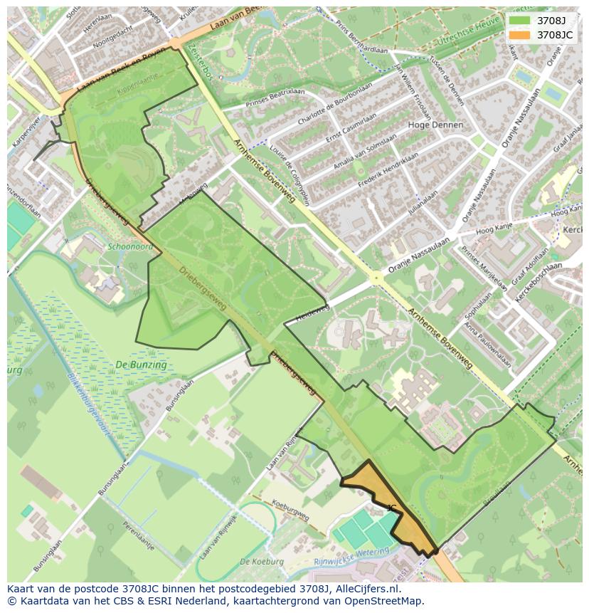 Afbeelding van het postcodegebied 3708 JC op de kaart.
