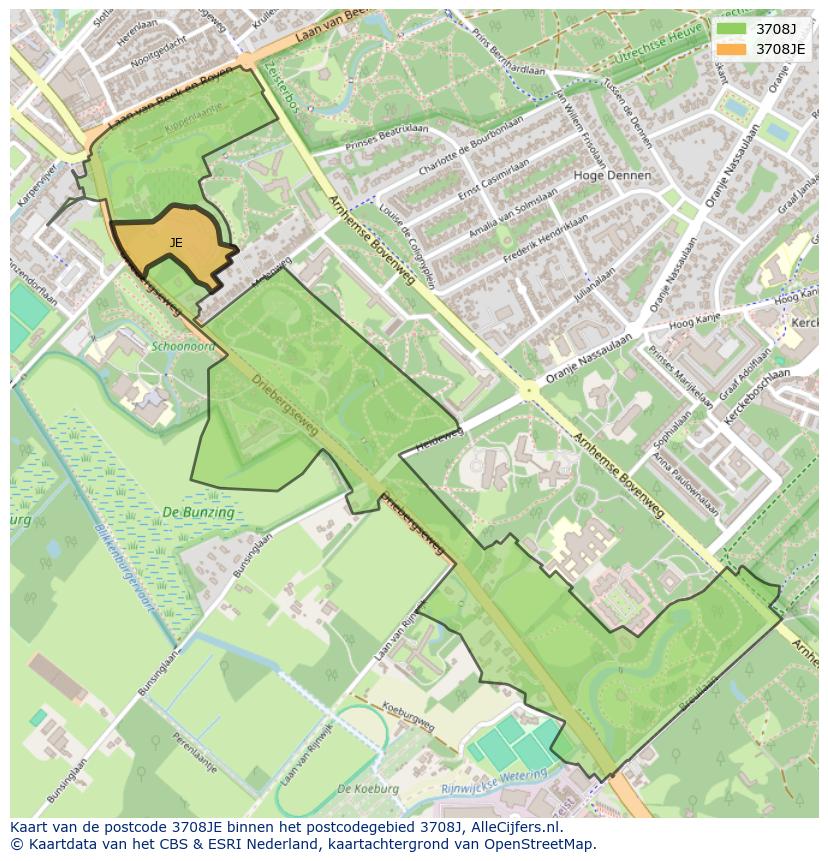 Afbeelding van het postcodegebied 3708 JE op de kaart.