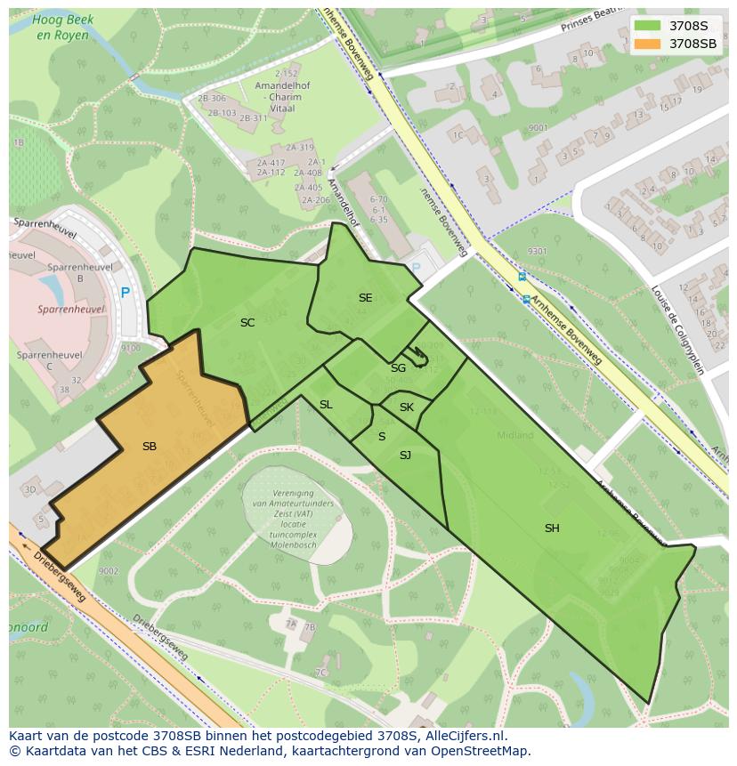 Afbeelding van het postcodegebied 3708 SB op de kaart.
