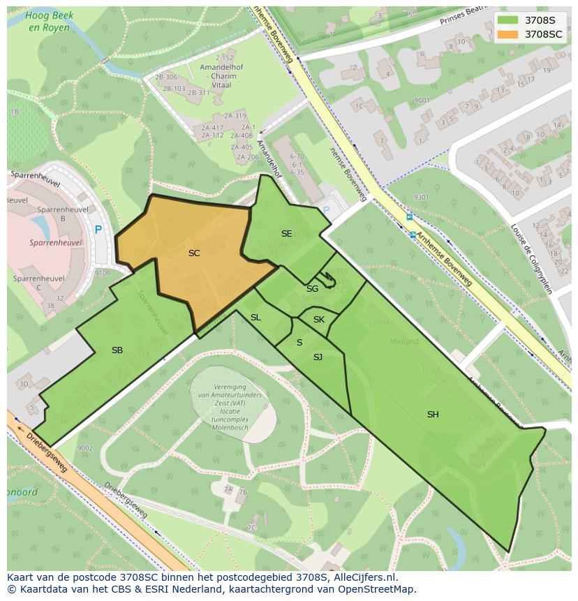 Afbeelding van het postcodegebied 3708 SC op de kaart.