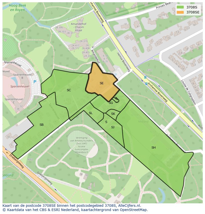 Afbeelding van het postcodegebied 3708 SE op de kaart.