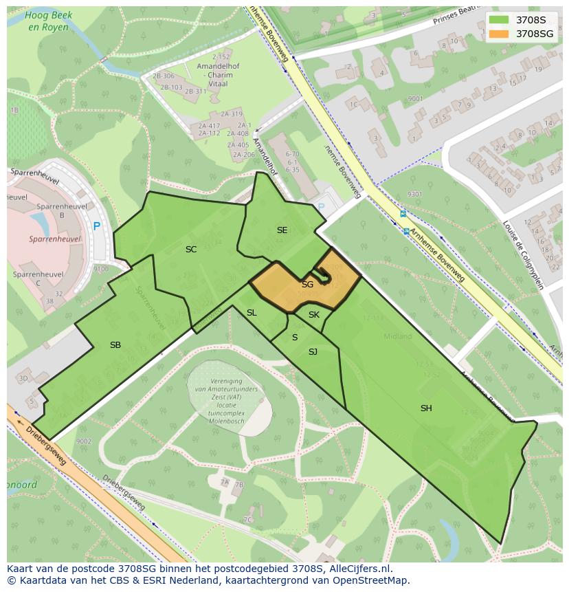 Afbeelding van het postcodegebied 3708 SG op de kaart.