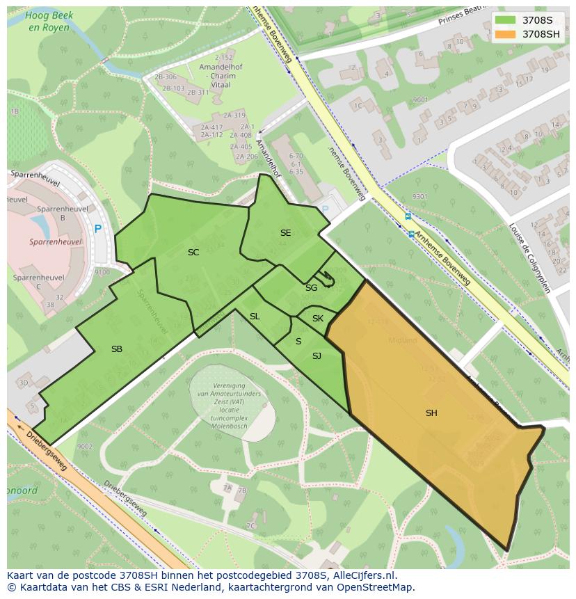 Afbeelding van het postcodegebied 3708 SH op de kaart.