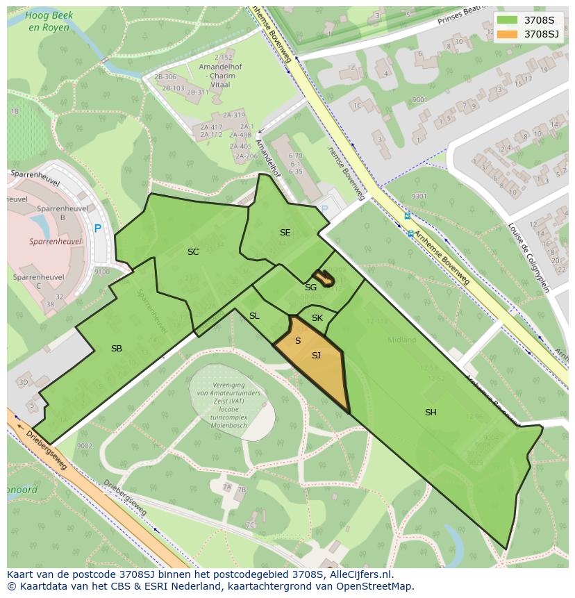 Afbeelding van het postcodegebied 3708 SJ op de kaart.
