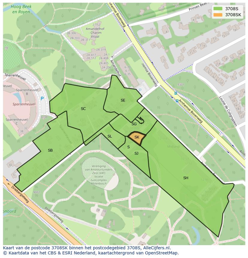Afbeelding van het postcodegebied 3708 SK op de kaart.