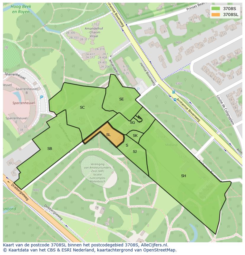 Afbeelding van het postcodegebied 3708 SL op de kaart.