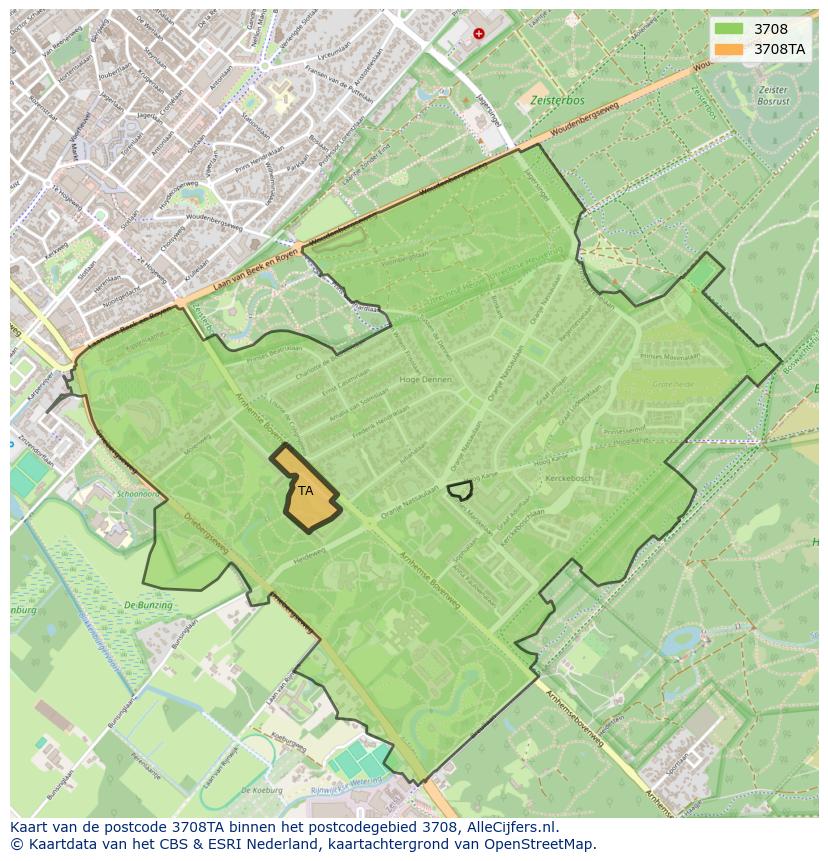 Afbeelding van het postcodegebied 3708 TA op de kaart.