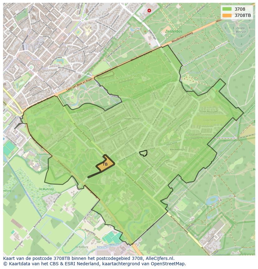 Afbeelding van het postcodegebied 3708 TB op de kaart.
