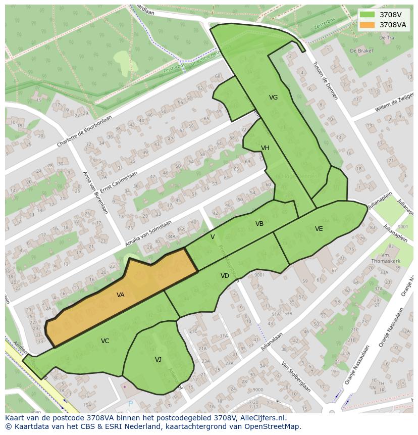 Afbeelding van het postcodegebied 3708 VA op de kaart.