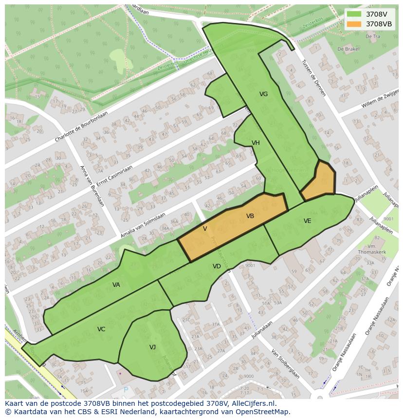 Afbeelding van het postcodegebied 3708 VB op de kaart.