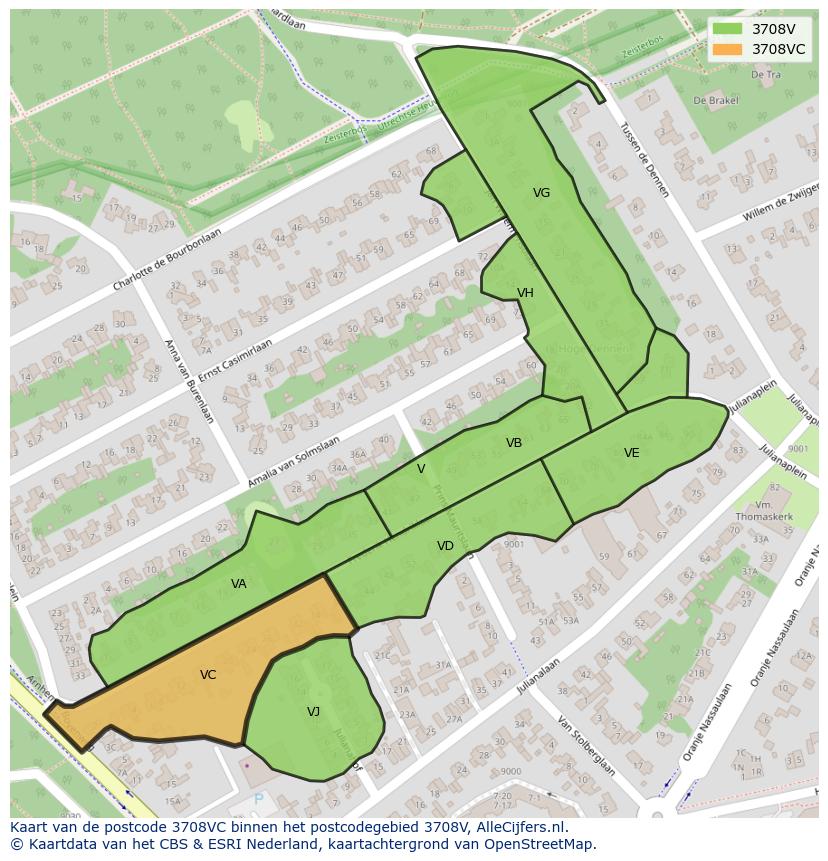 Afbeelding van het postcodegebied 3708 VC op de kaart.