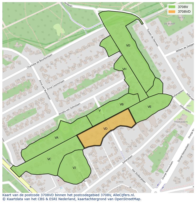 Afbeelding van het postcodegebied 3708 VD op de kaart.
