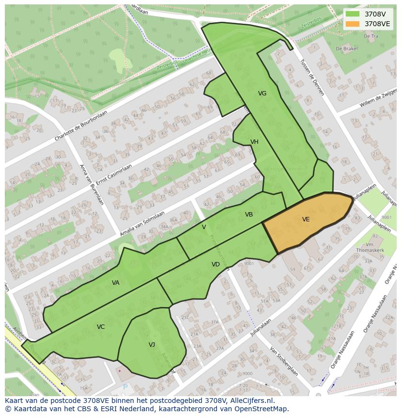 Afbeelding van het postcodegebied 3708 VE op de kaart.