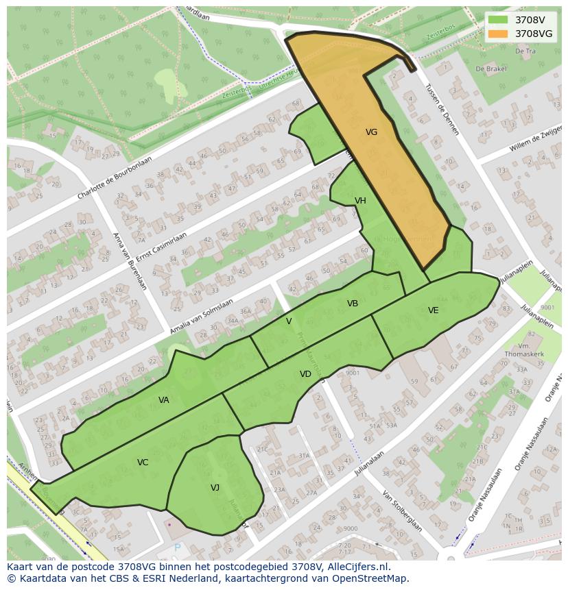 Afbeelding van het postcodegebied 3708 VG op de kaart.