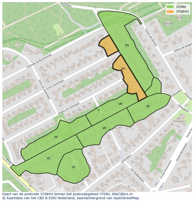 Afbeelding van het postcodegebied 3708 VH op de kaart.