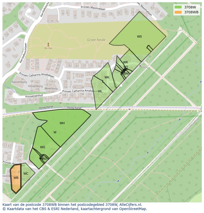 Afbeelding van het postcodegebied 3708 WB op de kaart.