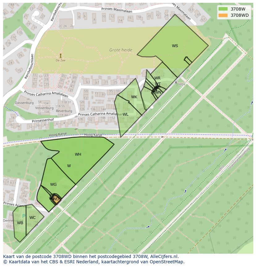 Afbeelding van het postcodegebied 3708 WD op de kaart.