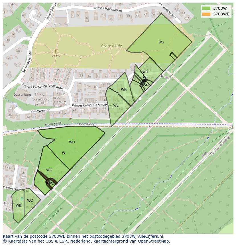 Afbeelding van het postcodegebied 3708 WE op de kaart.