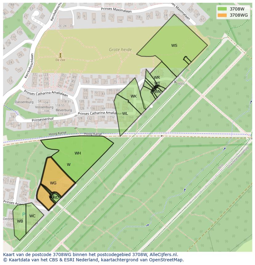Afbeelding van het postcodegebied 3708 WG op de kaart.