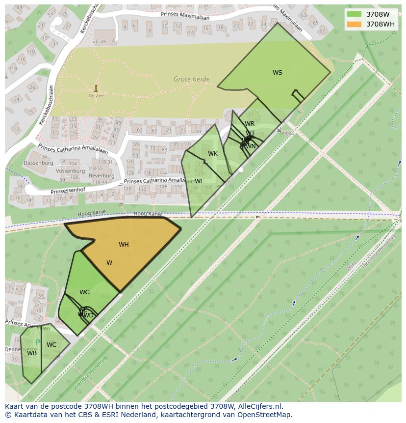 Afbeelding van het postcodegebied 3708 WH op de kaart.