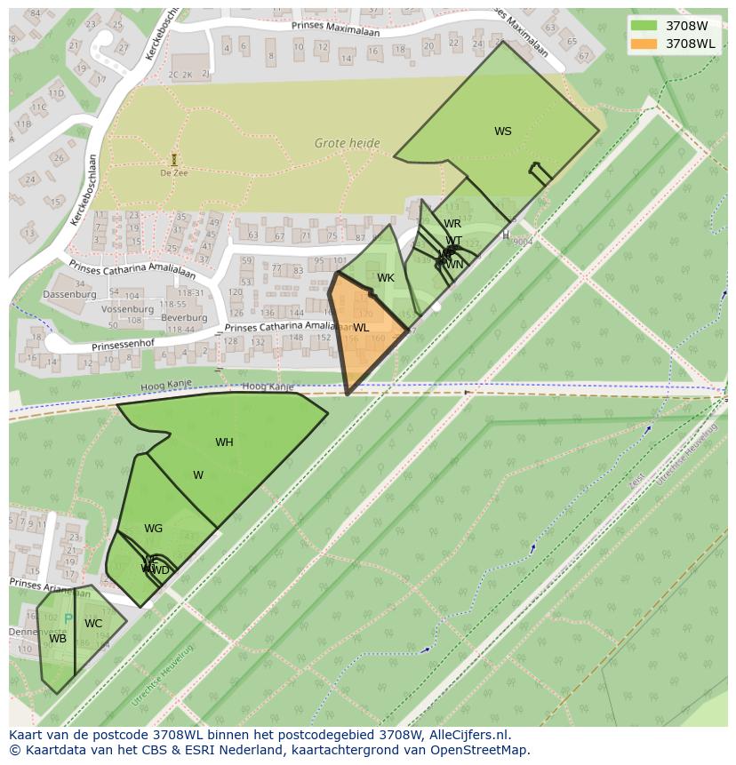 Afbeelding van het postcodegebied 3708 WL op de kaart.