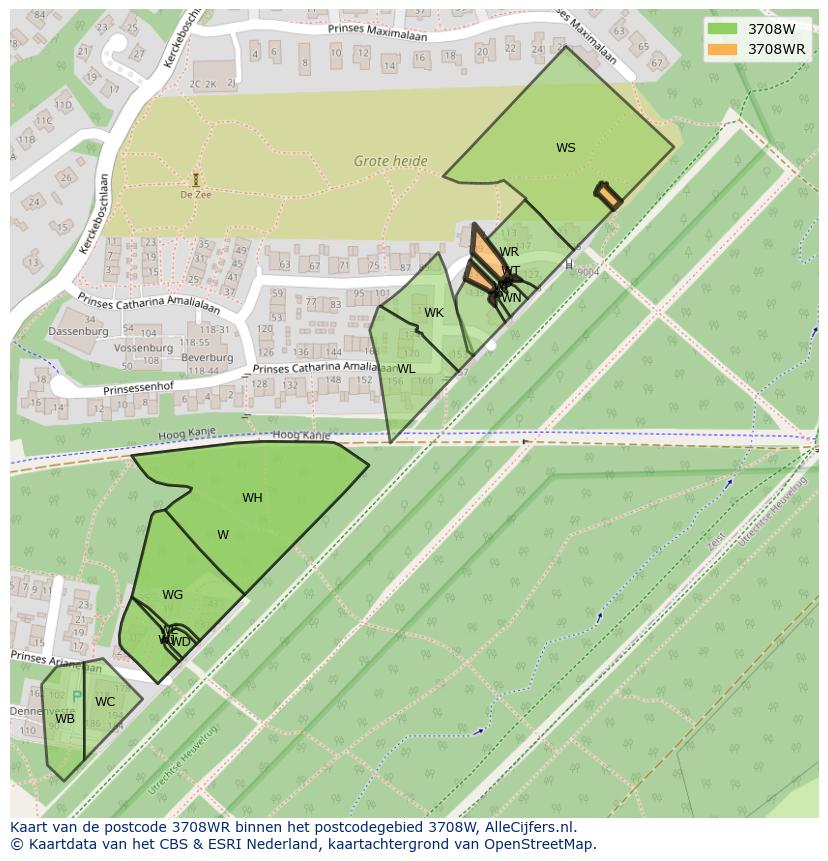 Afbeelding van het postcodegebied 3708 WR op de kaart.