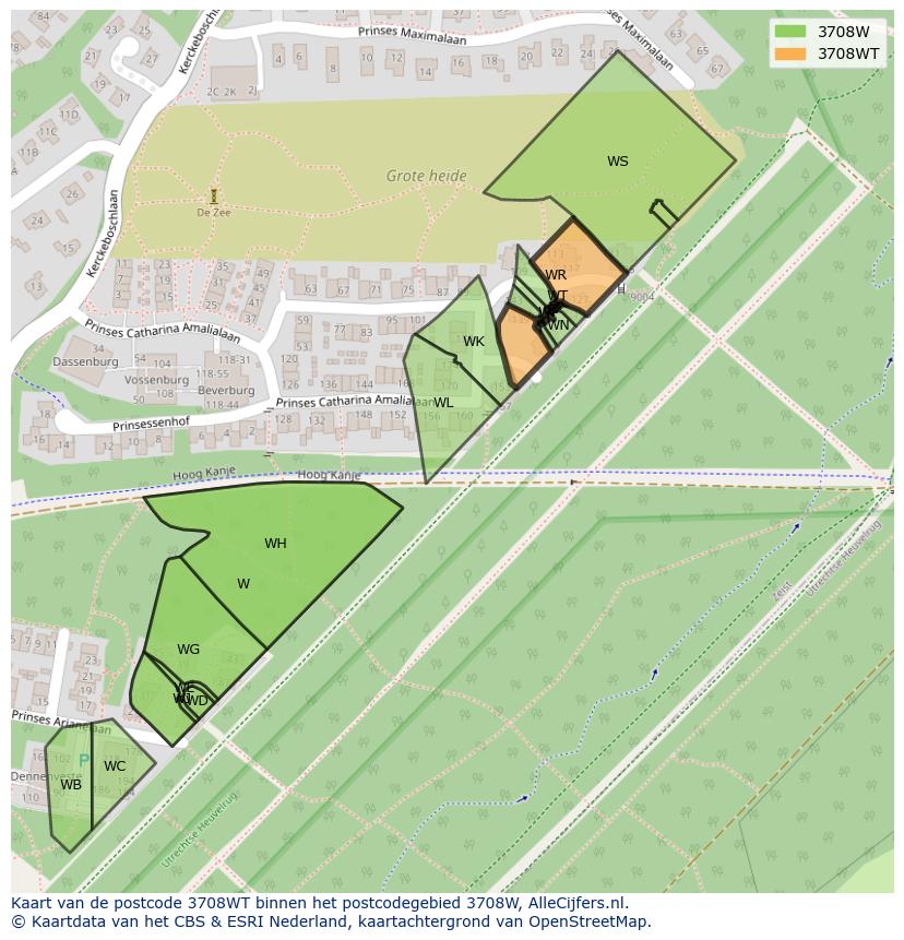 Afbeelding van het postcodegebied 3708 WT op de kaart.