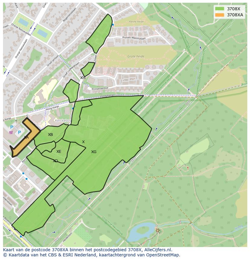 Afbeelding van het postcodegebied 3708 XA op de kaart.