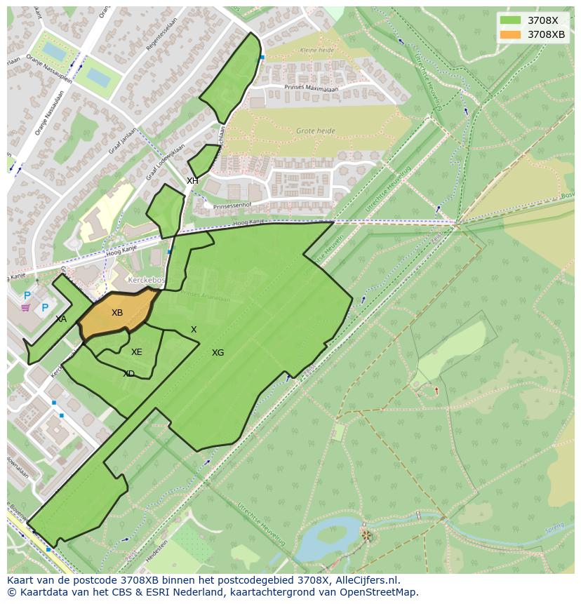 Afbeelding van het postcodegebied 3708 XB op de kaart.