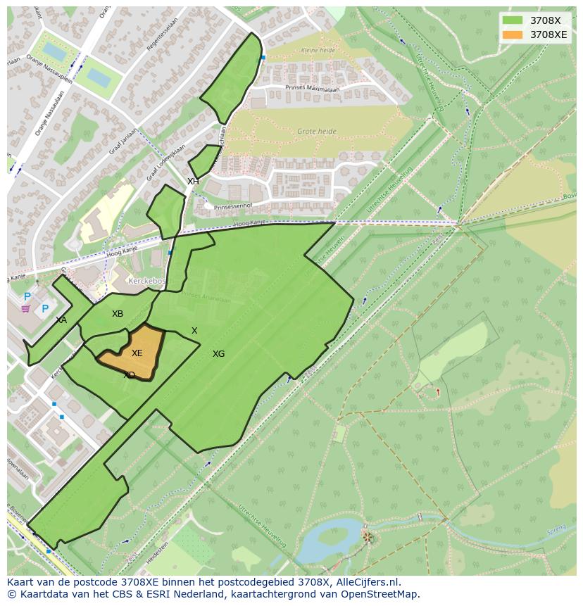 Afbeelding van het postcodegebied 3708 XE op de kaart.