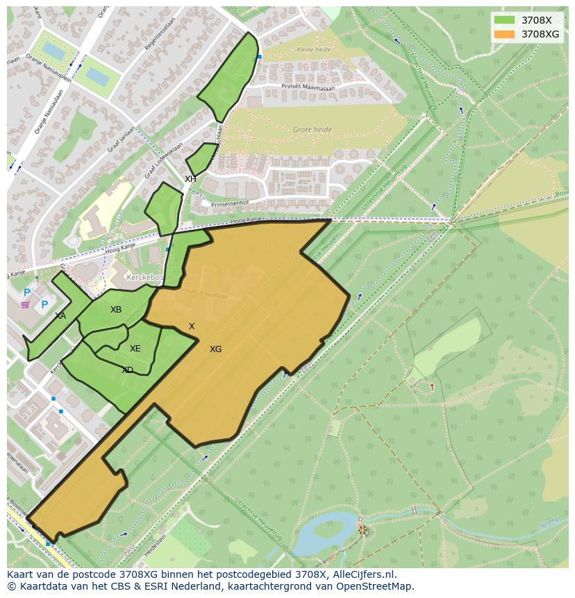 Afbeelding van het postcodegebied 3708 XG op de kaart.