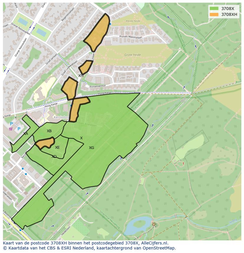 Afbeelding van het postcodegebied 3708 XH op de kaart.