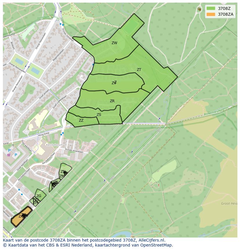Afbeelding van het postcodegebied 3708 ZA op de kaart.