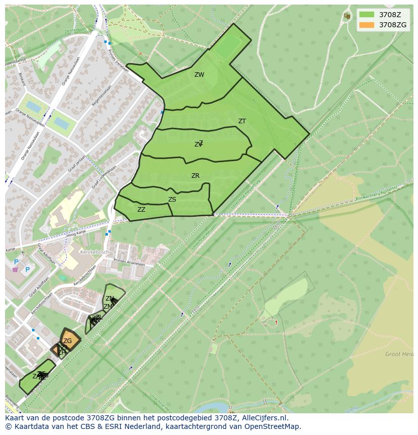 Afbeelding van het postcodegebied 3708 ZG op de kaart.