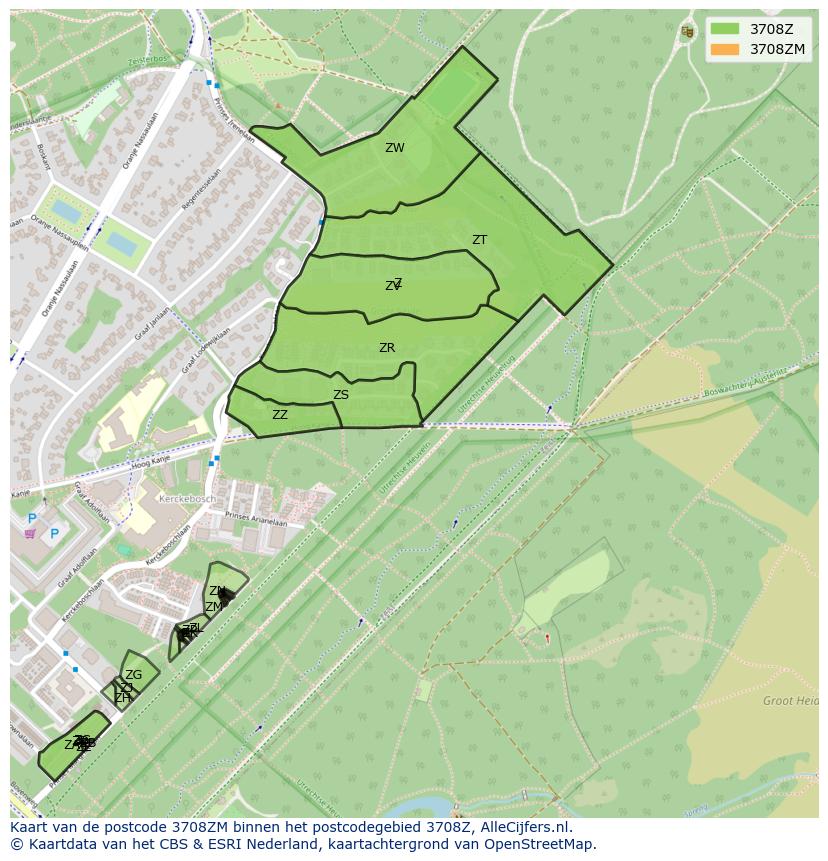 Afbeelding van het postcodegebied 3708 ZM op de kaart.