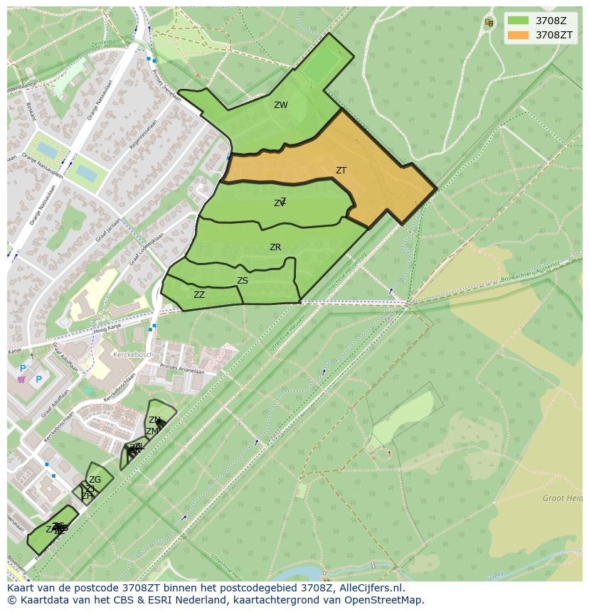 Afbeelding van het postcodegebied 3708 ZT op de kaart.