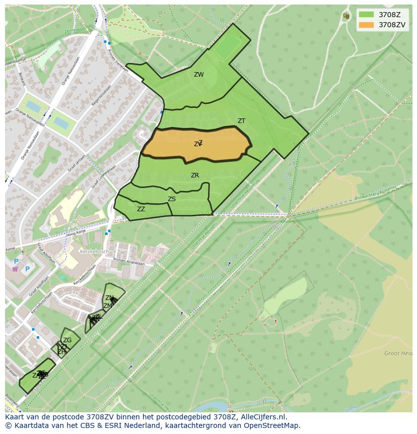 Afbeelding van het postcodegebied 3708 ZV op de kaart.