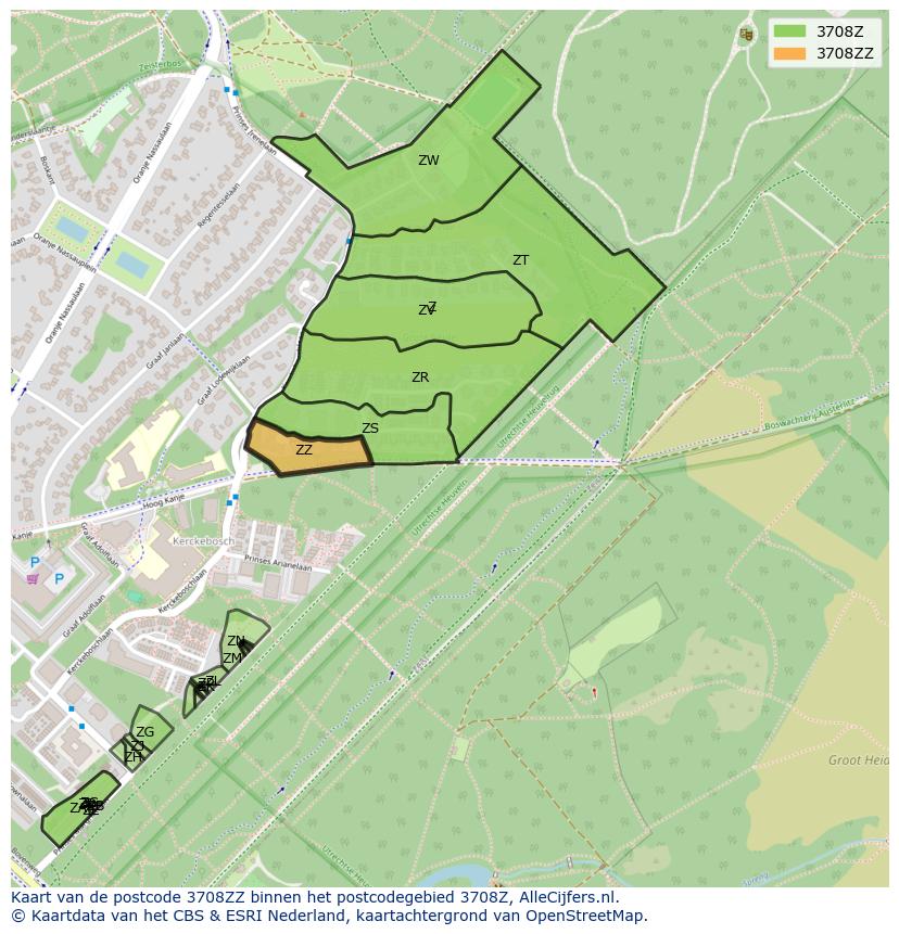 Afbeelding van het postcodegebied 3708 ZZ op de kaart.