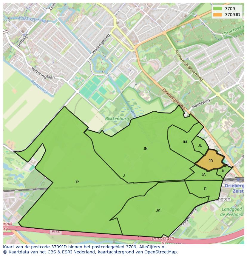 Afbeelding van het postcodegebied 3709 JD op de kaart.