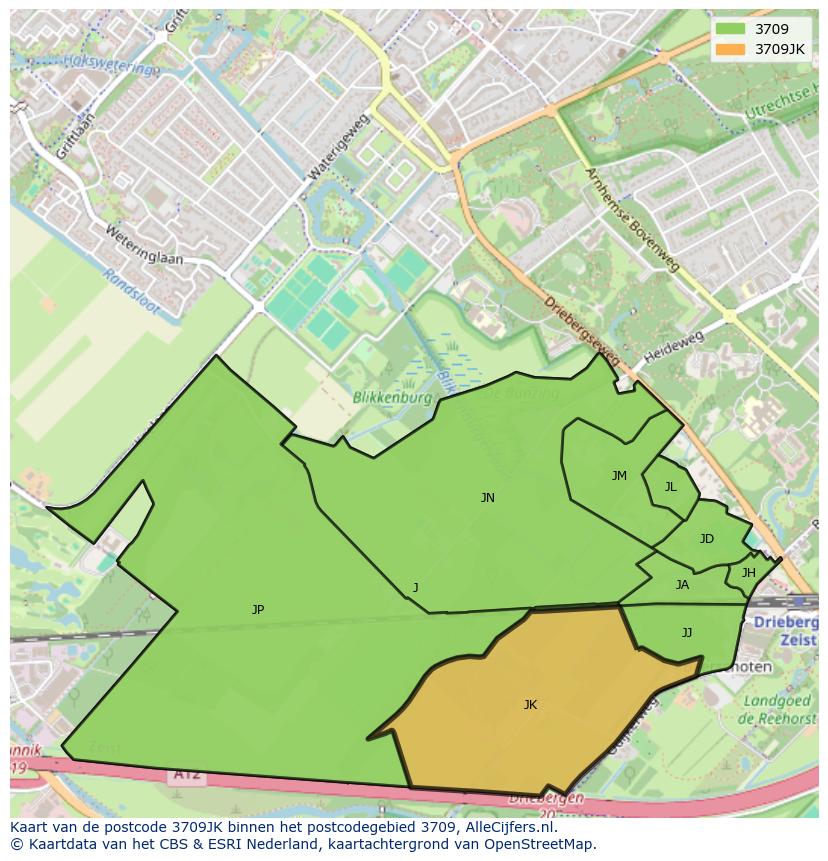 Afbeelding van het postcodegebied 3709 JK op de kaart.