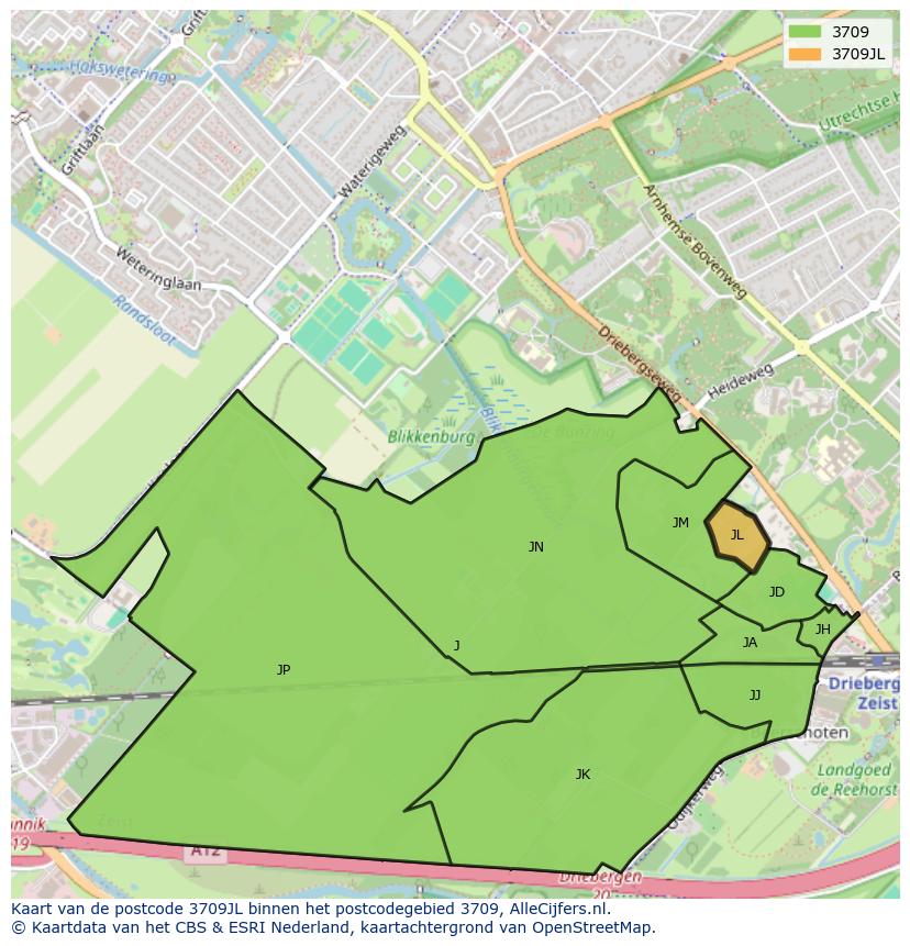 Afbeelding van het postcodegebied 3709 JL op de kaart.