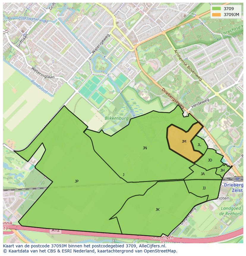 Afbeelding van het postcodegebied 3709 JM op de kaart.