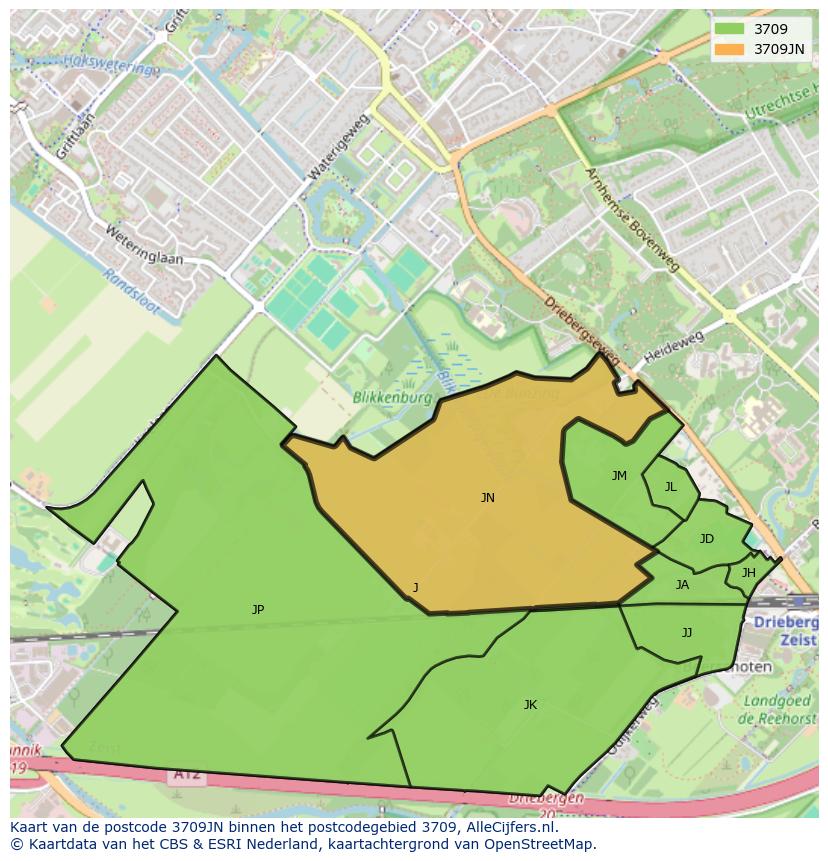 Afbeelding van het postcodegebied 3709 JN op de kaart.