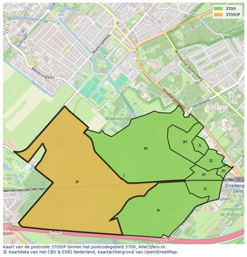 Afbeelding van het postcodegebied 3709 JP op de kaart.