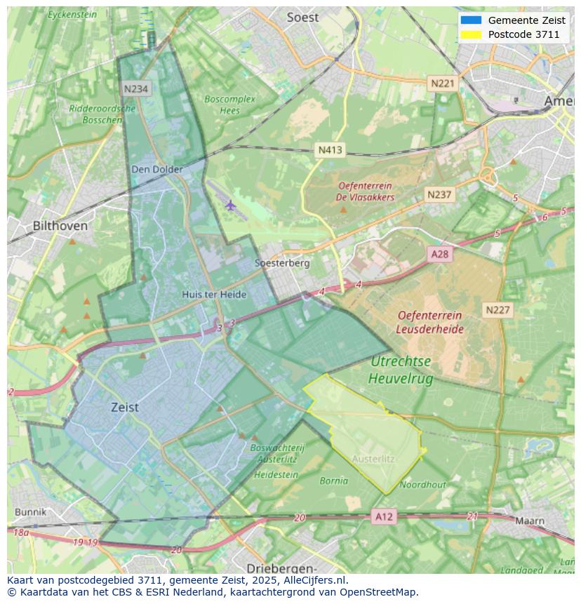 Afbeelding van het postcodegebied 3711 op de kaart.