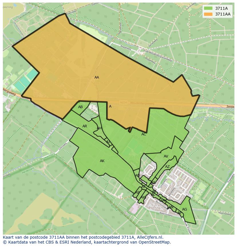 Afbeelding van het postcodegebied 3711 AA op de kaart.